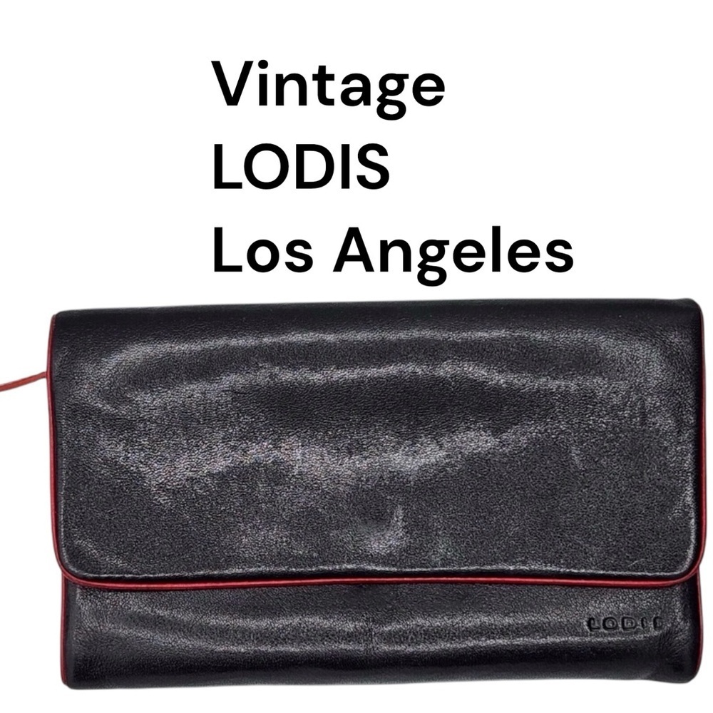 Vintage Lodis Los Angeles Smooth Black Leather Wallet Clutch Red Trim Zip Coin